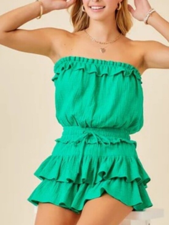 Day + Moon Pants - Strapless Green Ruffle Romper